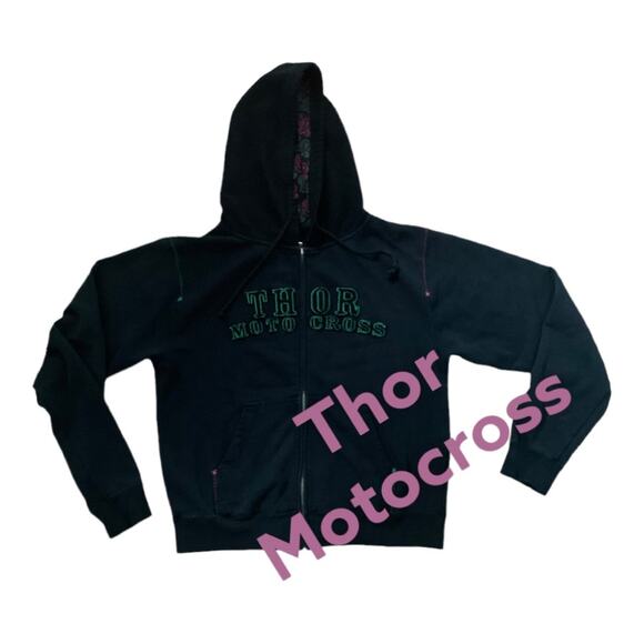 Thor Motocross black hooded zip up sweatshirt woman’s size large - Picture 1 of 6